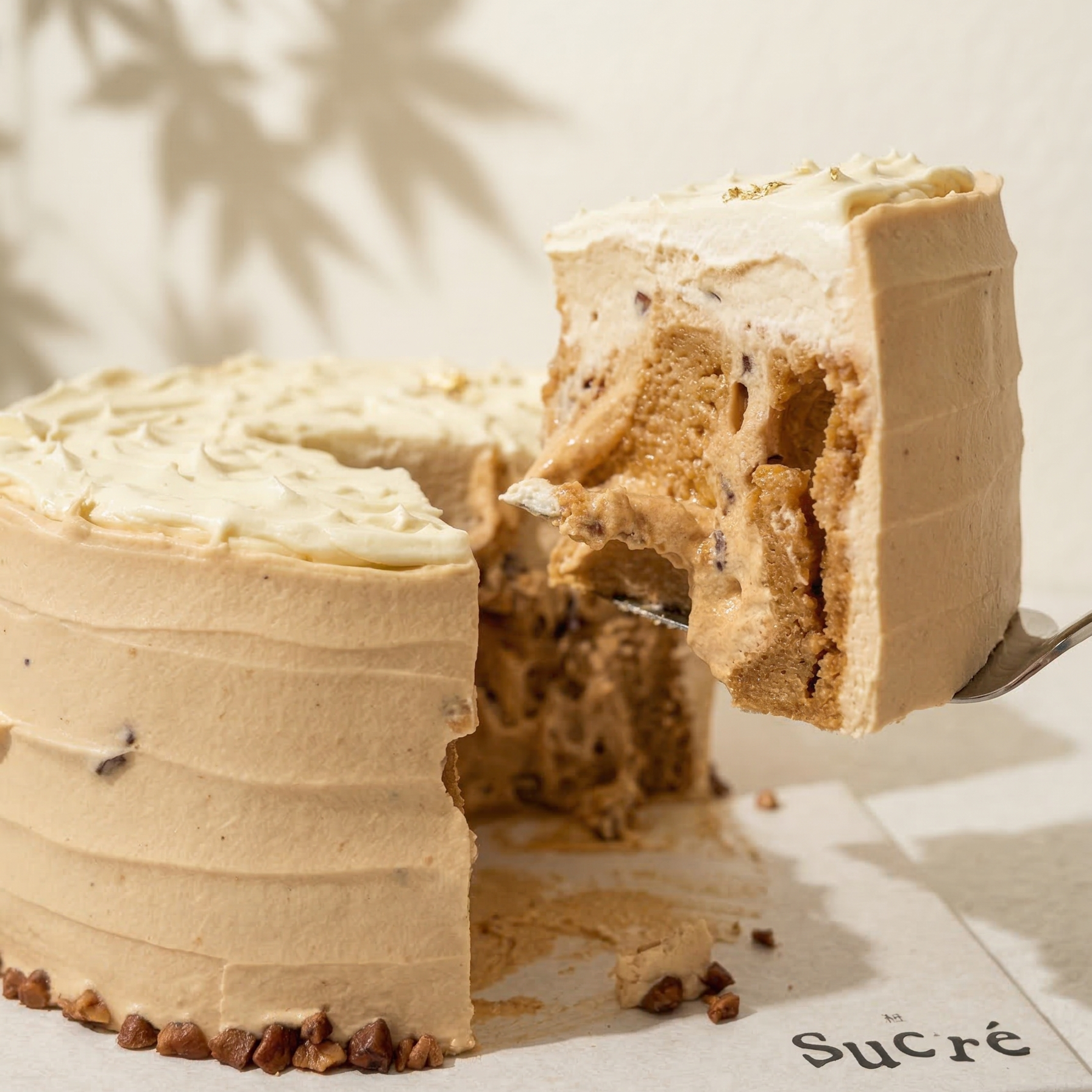 Cross-section of Pecan Thai Tea Glutinous Rice Cake by at sucré Singapore - chewy mochi layers