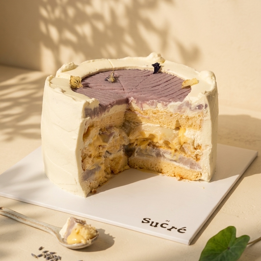Cross-section of Taro Salted Egg Yolk Mochi Cake by at sucré Singapore - taro cream layers